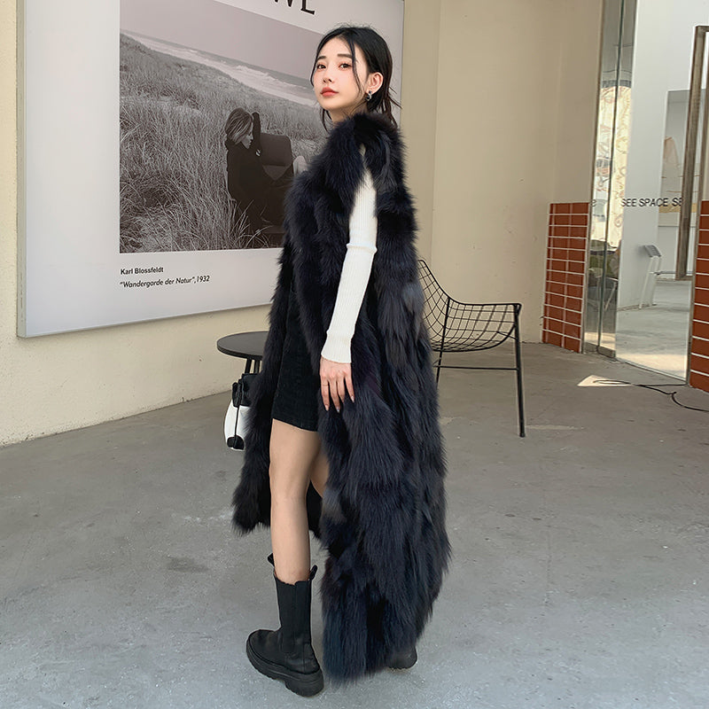 New imported fox fur back fur vest, autumn and winter fur integrated fur jacket, women's extended fur clothing