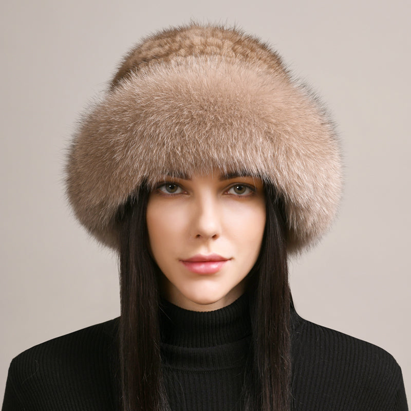 Fox fur+mink fur woven mink skin hat, mink skin hat, handmade woven skin hat, winter fox skin hat, top hat, basin hat, warm female model