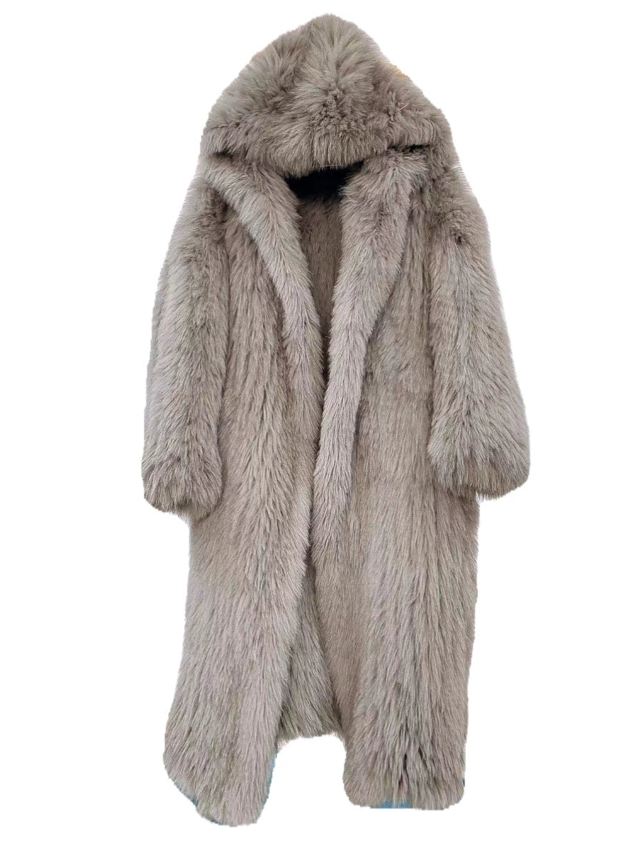 Imported fox fur elongated hooded double-sided hand-woven fur coat with thin temperament