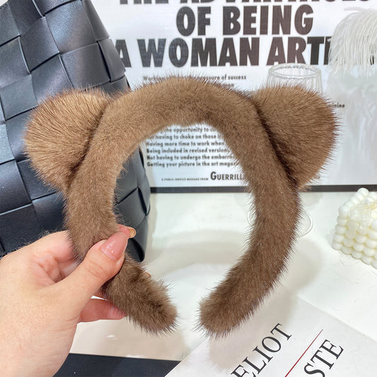 Cute face hairband mink fur cat ear headband online celebrity plush headdress cat hair accessories hairpin high sense.