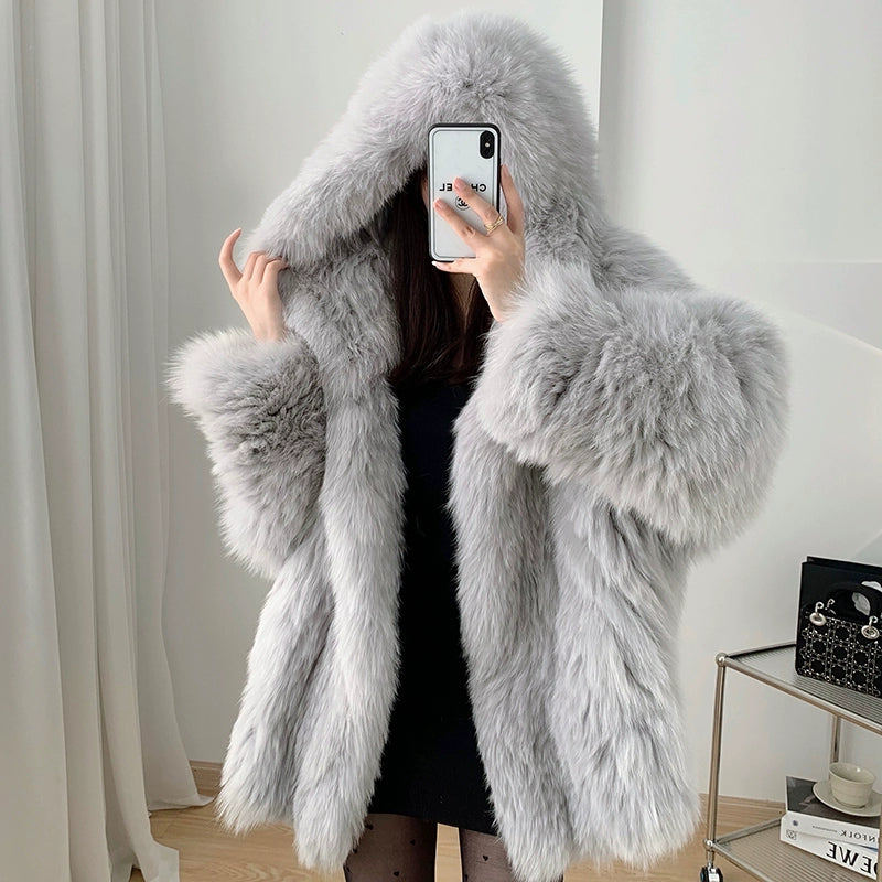 Hand-woven double-sided woven fox fur hooded fur coat women&#039;s casual silhouette online celebrity young Mao Mao coat winter women&#039;s style.
