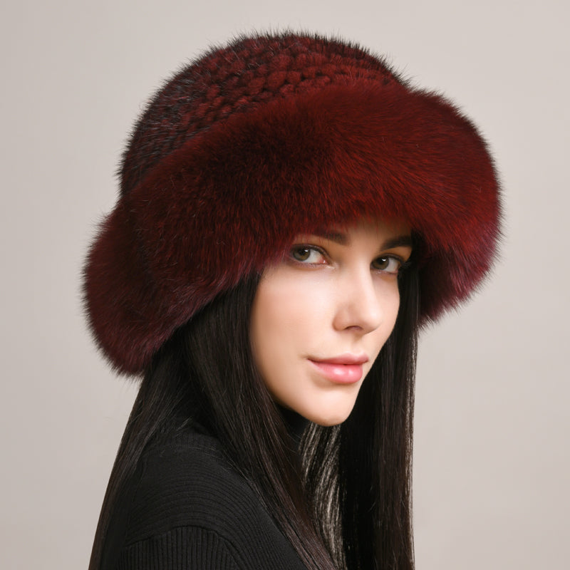 Fox fur+mink fur woven mink skin hat, mink skin hat, handmade woven skin hat, winter fox skin hat, top hat, basin hat, warm female model