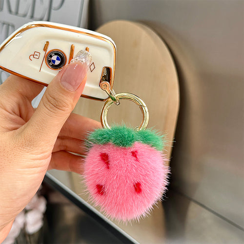 Mini cute real mink fur small strawberry car keychain pendant Instagram popular plush ball book bag pendant
