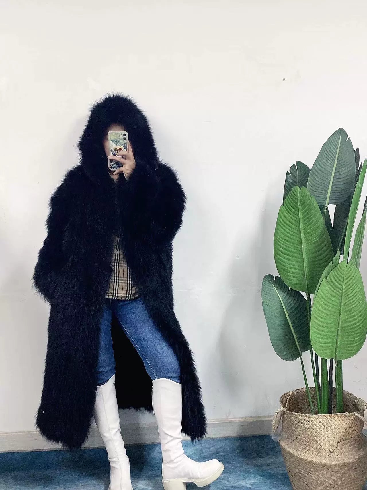 Imported fox fur elongated hooded double-sided hand-woven fur coat with thin temperament