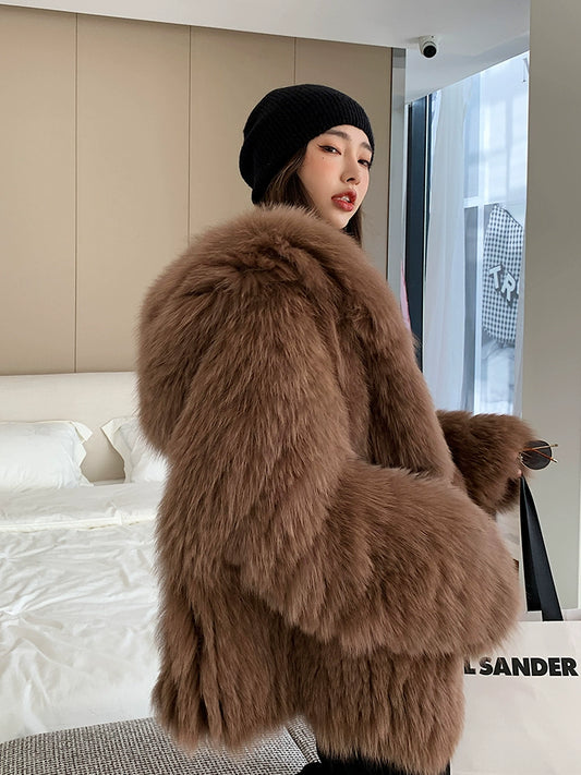 Hand-woven double-sided woven fox fur hooded fur coat women&#039;s casual silhouette online celebrity young Mao Mao coat winter women&#039;s style.