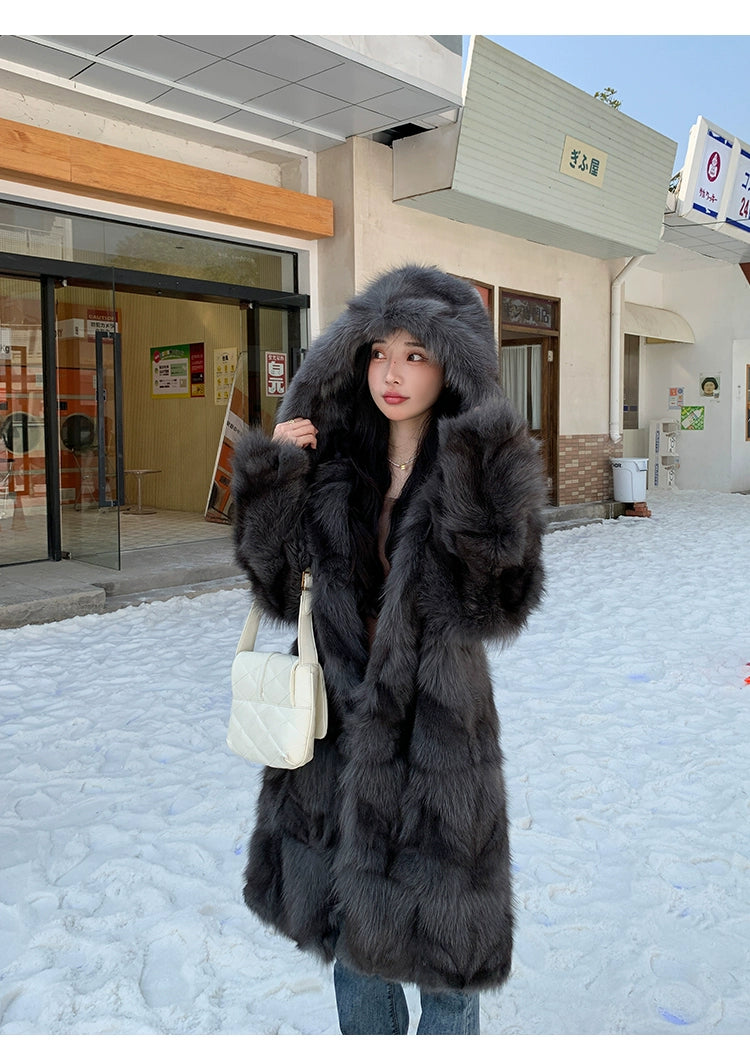 Autumn and Winter New Fox Fur Coat Women;s Long Fur Hooded Fur Coat.