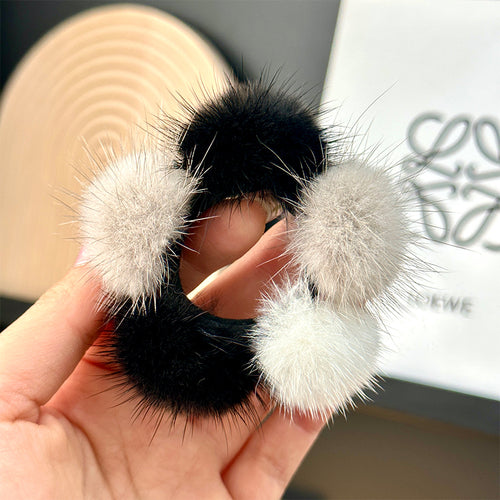 Internet celebrity real mink fur ball hair loop cute fur ball hair rope tied hair band ponytail leather band