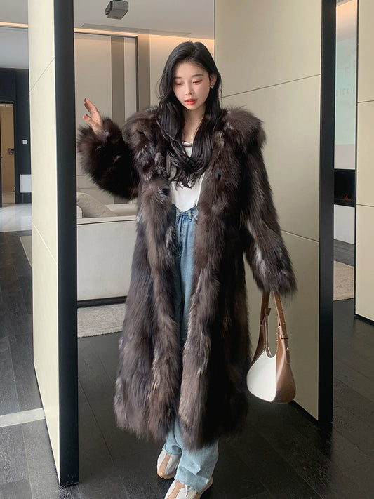 Winter new fox fur extended hooded fur coat for women and young men's fur integrated fur coat