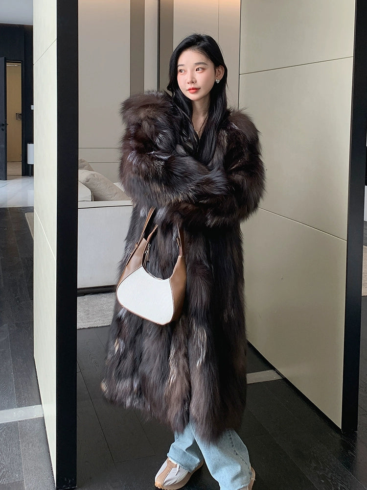 Winter new fox fur extended hooded fur coat for women and young men's fur integrated fur coat