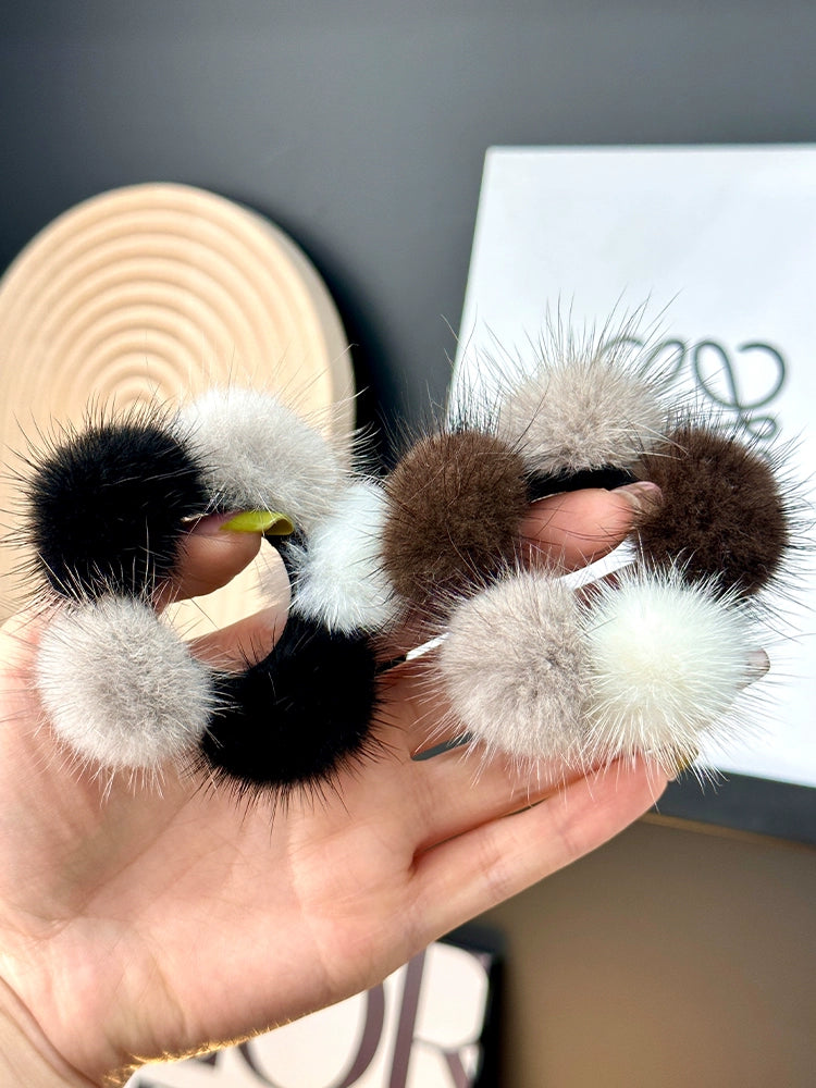Internet celebrity real mink fur ball hair loop cute fur ball hair rope tied hair band ponytail leather band