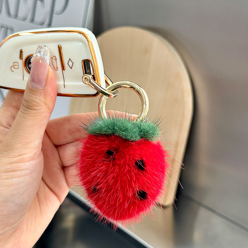 Mini sød ægte minkpels lille jordbær bil nøglering vedhæng Instagram populær plys bold bog taske vedhæng