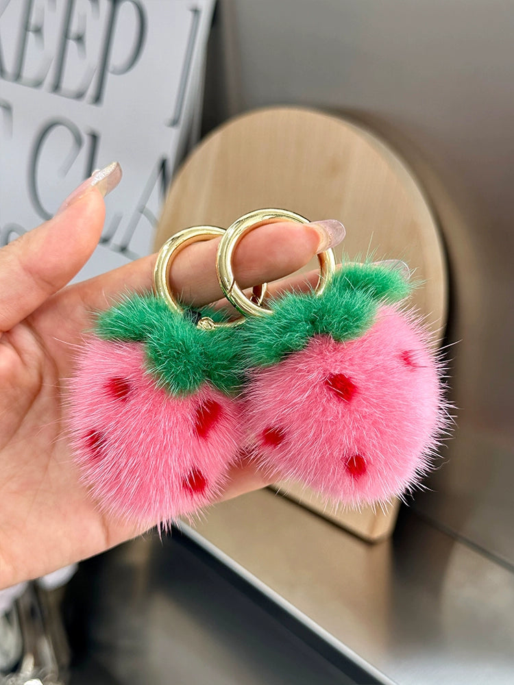 Mini sød ægte minkpels lille jordbær bil nøglering vedhæng Instagram populær plys bold bog taske vedhæng