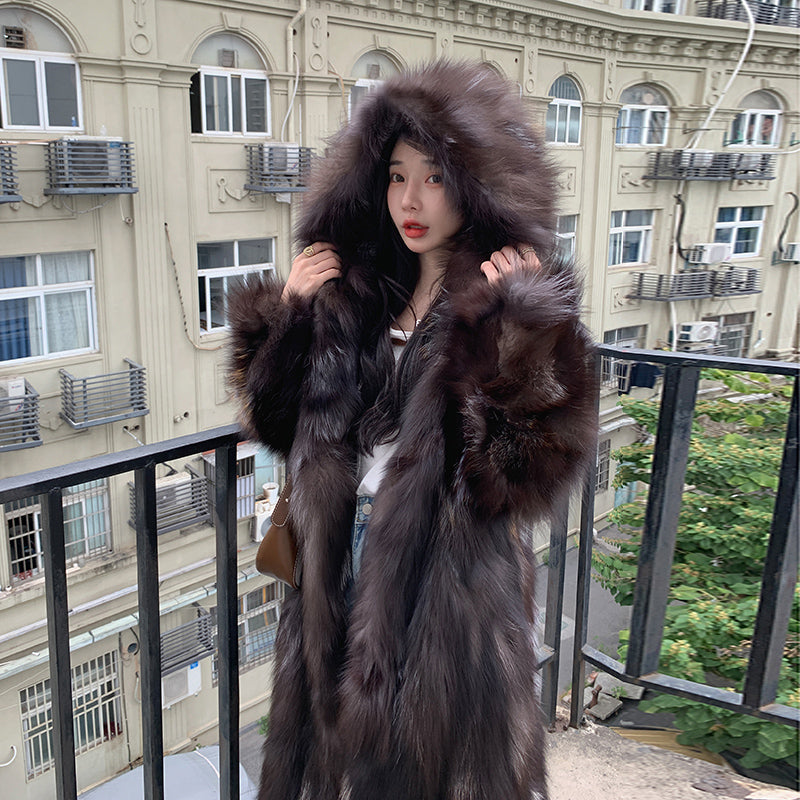 Vinter ny rævepels forlænget hættepelsfrakke til kvinder og unge mænds pels integreret pelsfrakke 