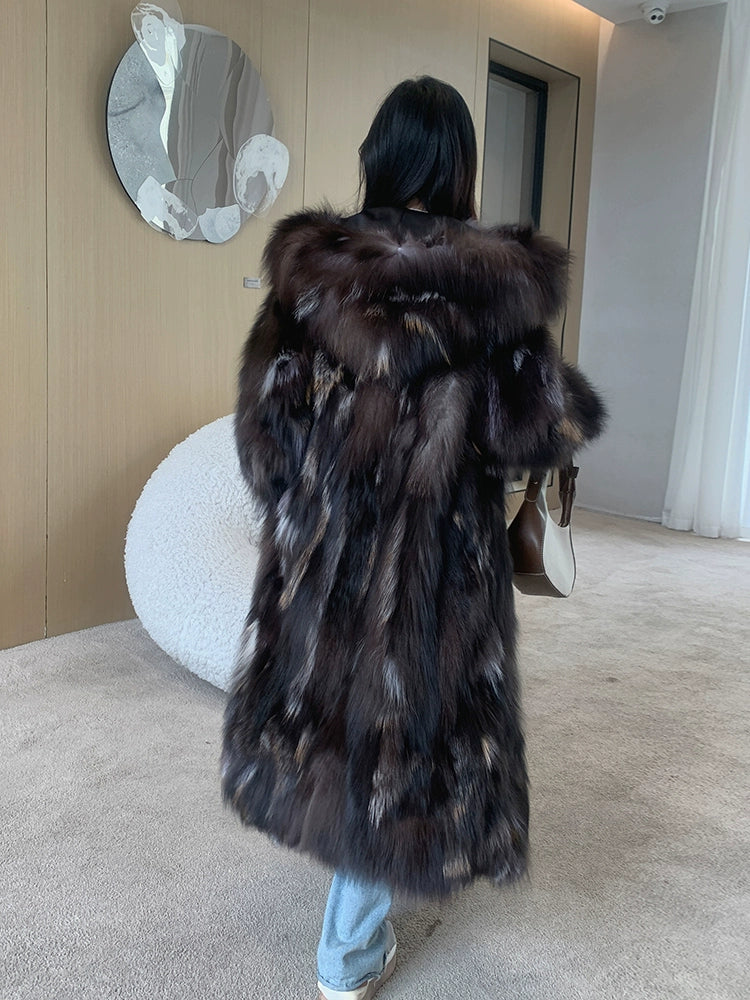 Vinter ny rævepels forlænget hættepelsfrakke til kvinder og unge mænds pels integreret pelsfrakke 